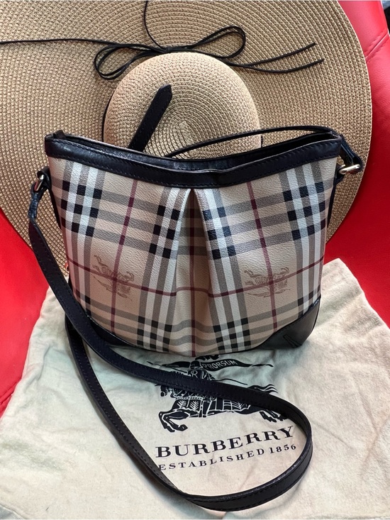 Burberry Handbags - Burberry Tan Check Crossbody with Black Trim and Red Stripe